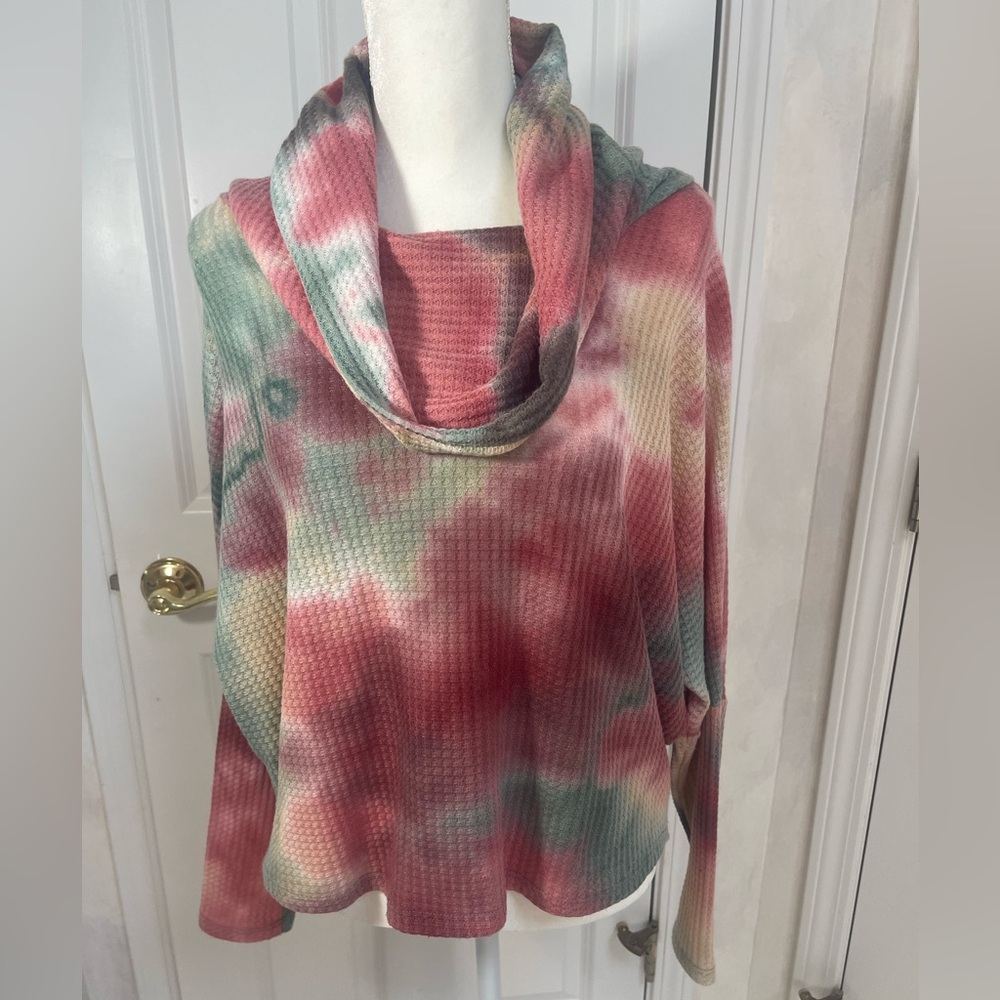 Ariella Pink and Green Tie-Dye Cowl Neck Sweater